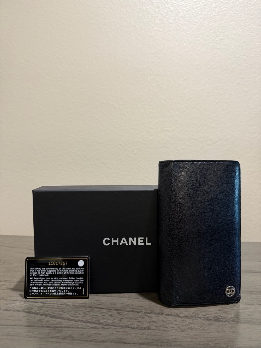 CHANEL Black Long Wallet Silver CC Logo